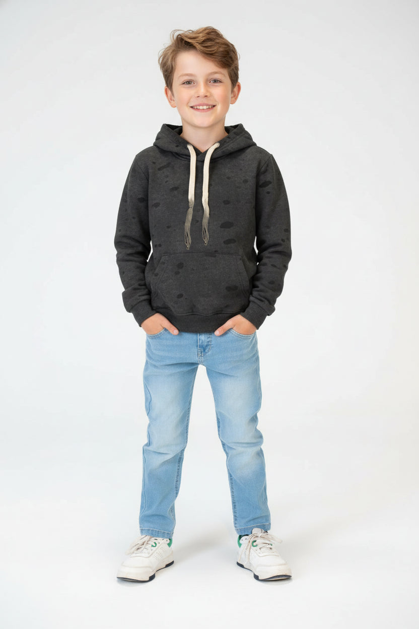Boy's Slim Fit Washed Hood Sweatshirt With Kangaroo Pocket And Long Sleeves