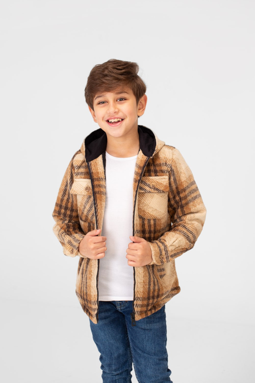 Boy's Checkered Hooded Shirt With Full Zip