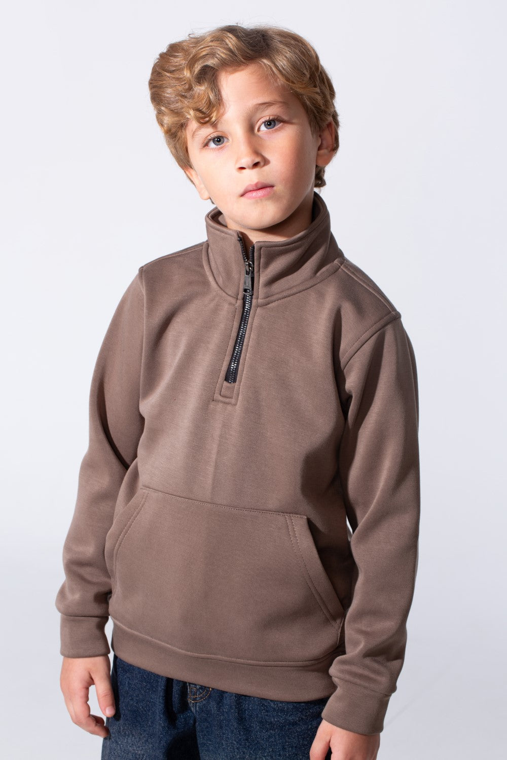 Boy's Half Zip Slim Fit Sweatshirt With Front Kangaroo Pocket