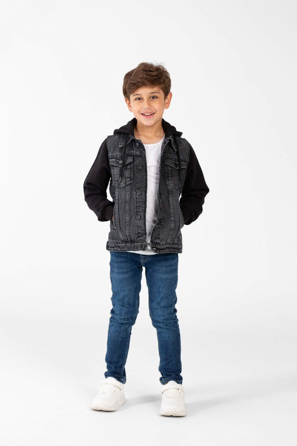 Boy's Denim Jacket With Melton Sleeves And Front Buttons