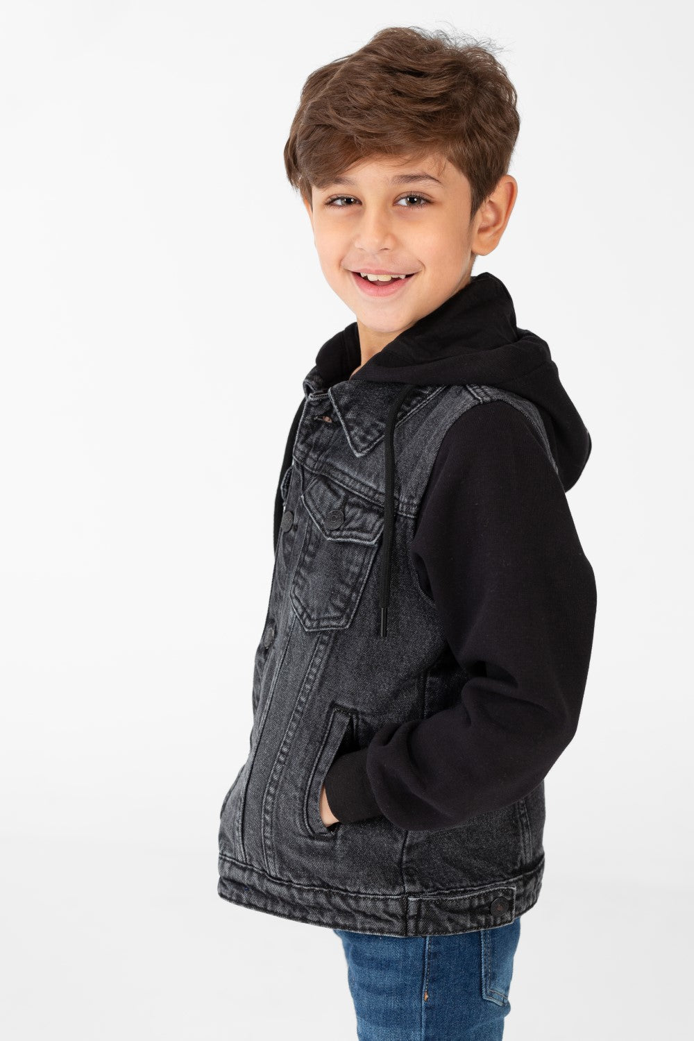 Boy's Denim Jacket With Melton Sleeves And Front Buttons