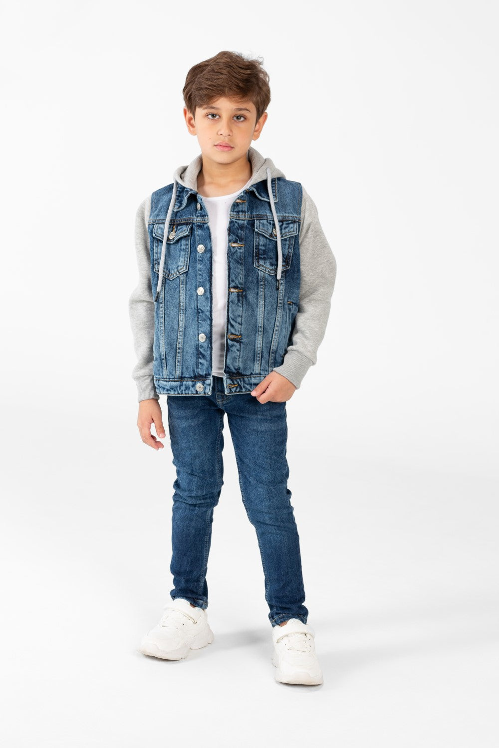 Boy's Denim Jacket With Melton Sleeves And Front Buttons