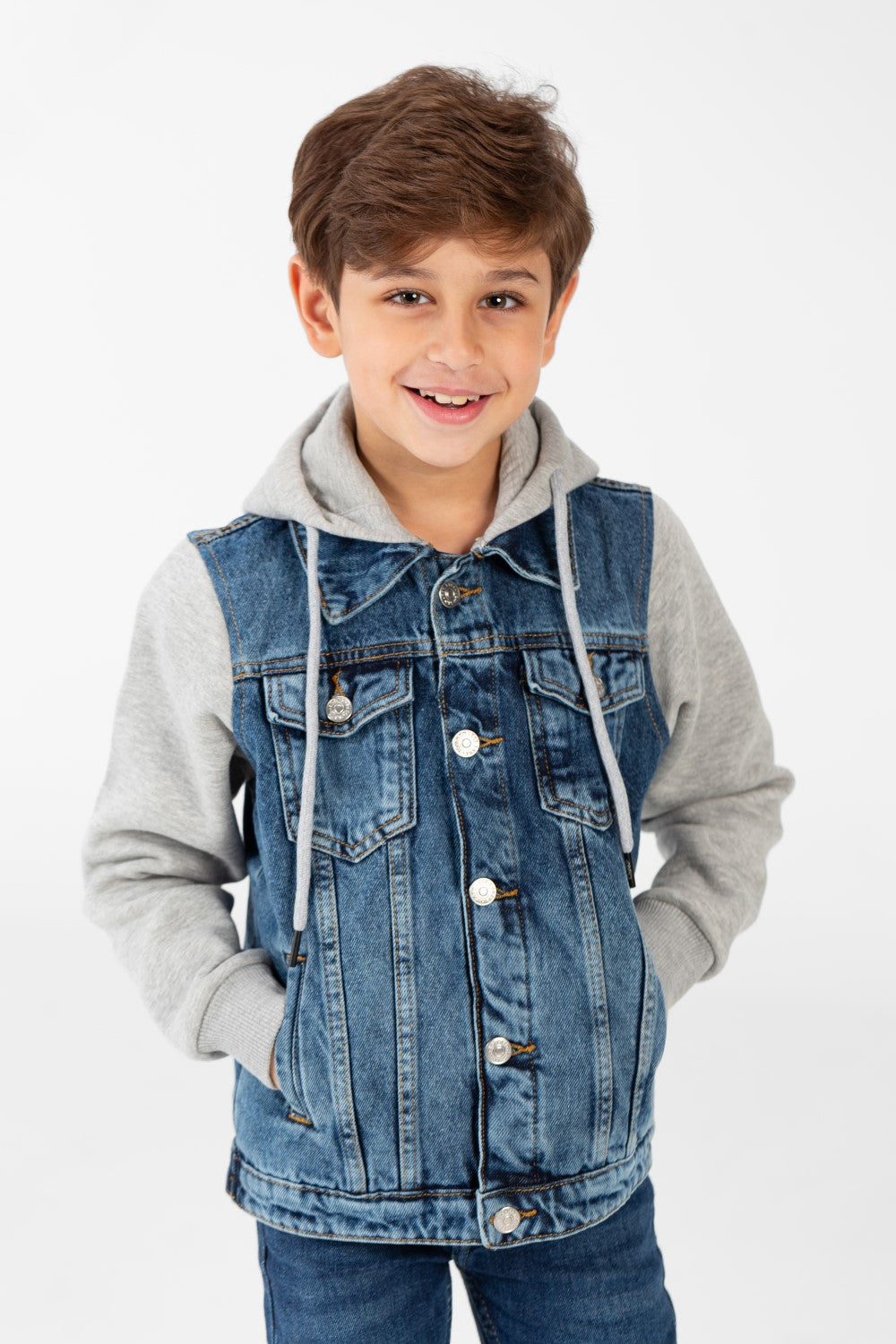Boy's Denim Jacket With Melton Sleeves And Front Buttons