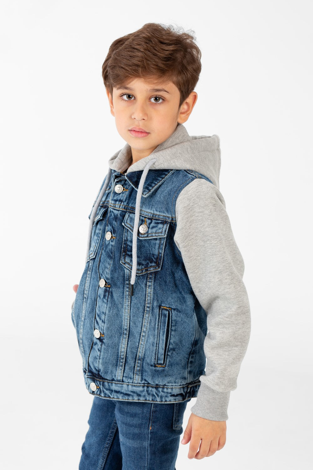 Boy's Denim Jacket With Melton Sleeves And Front Buttons