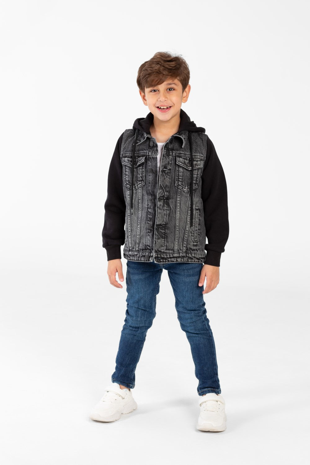 Boy's Denim Jacket With Melton Sleeves And Front Buttons