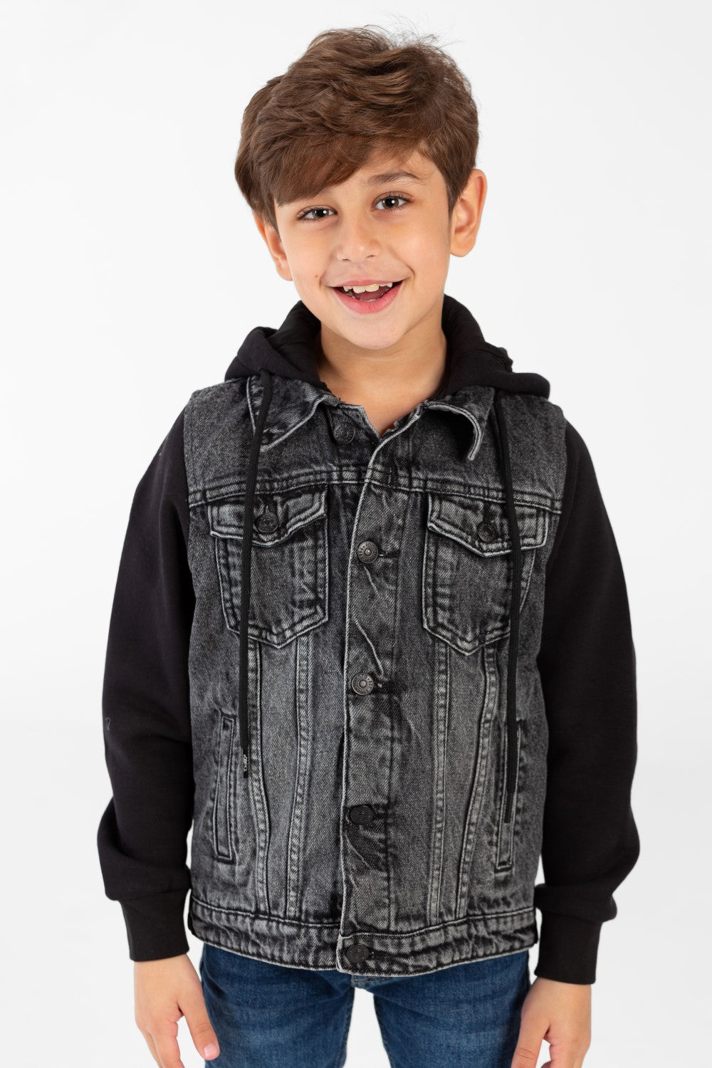 Boy's Denim Jacket With Melton Sleeves And Front Buttons
