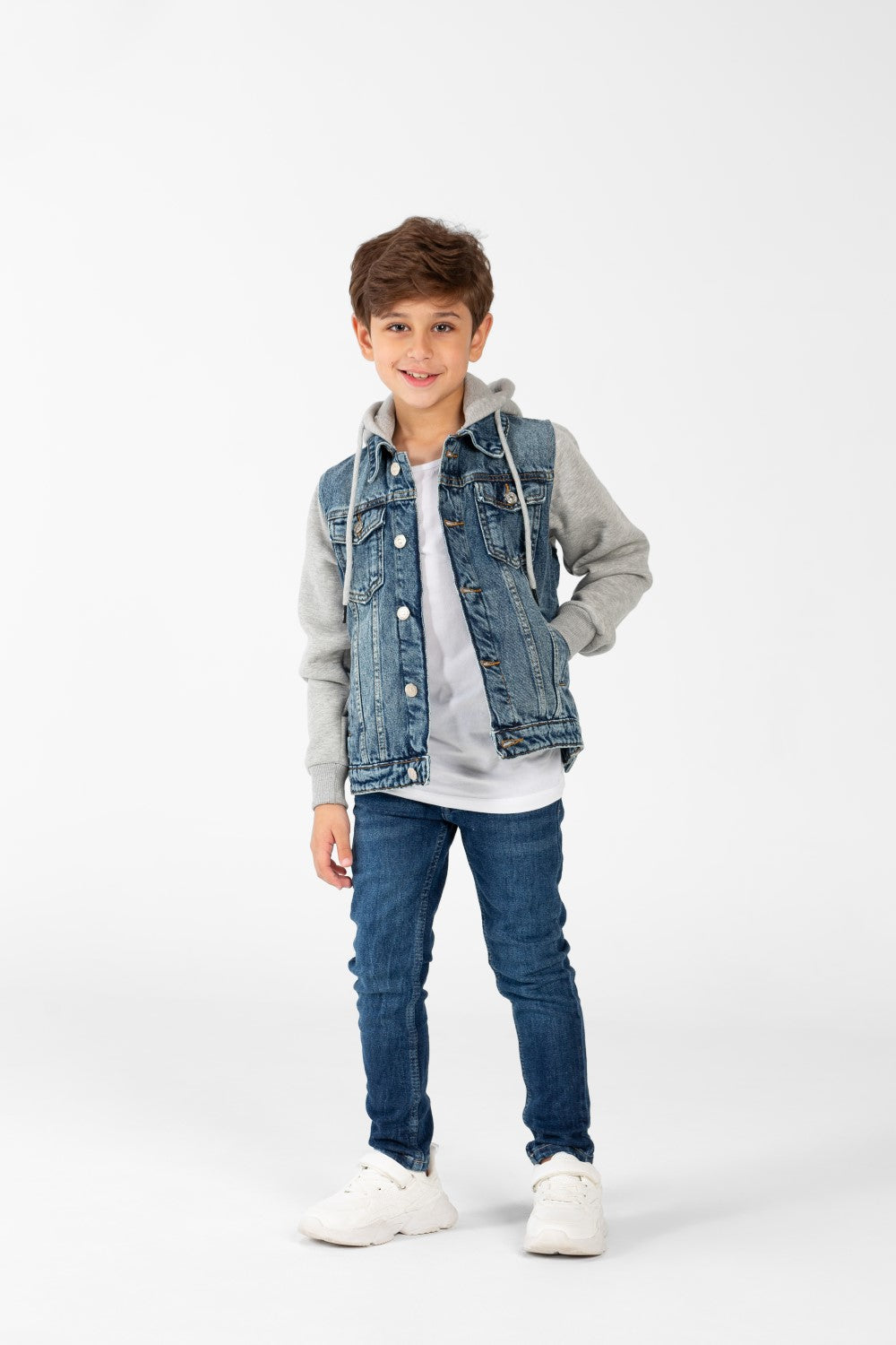 Boy's Denim Jacket With Melton Sleeves And Front Buttons