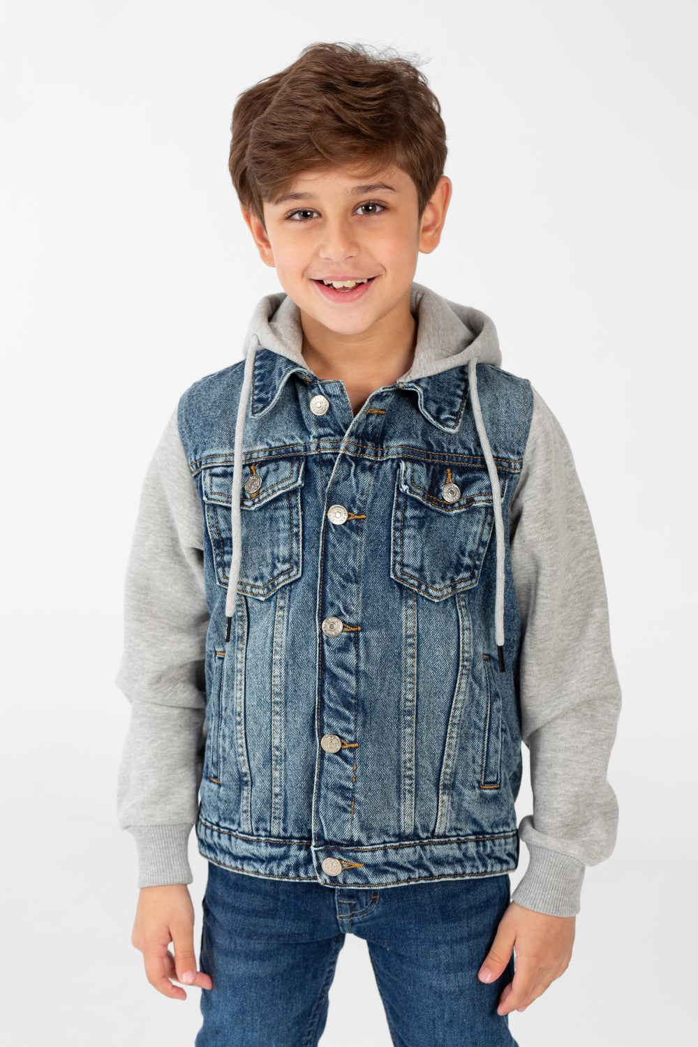 Boy's Denim Jacket With Melton Sleeves And Front Buttons