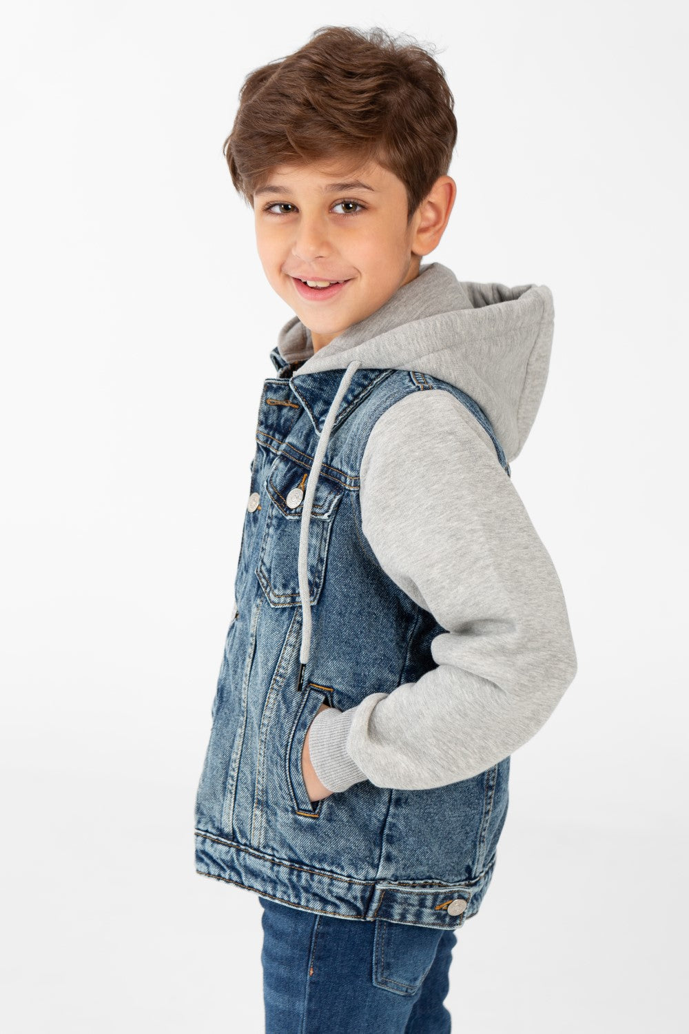 Boy's Denim Jacket With Melton Sleeves And Front Buttons