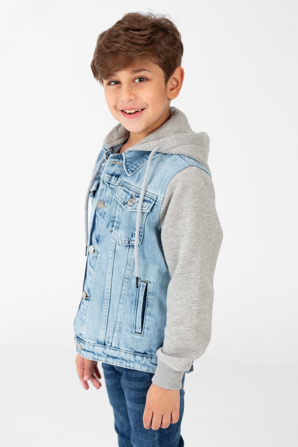 Boy's Denim Jacket With Melton Sleeves And Front Buttons