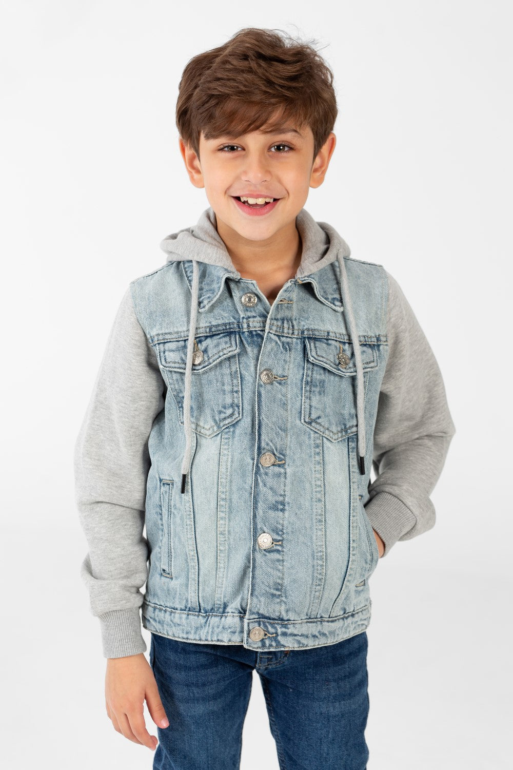Boy's Denim Jacket With Melton Sleeves And Front Buttons