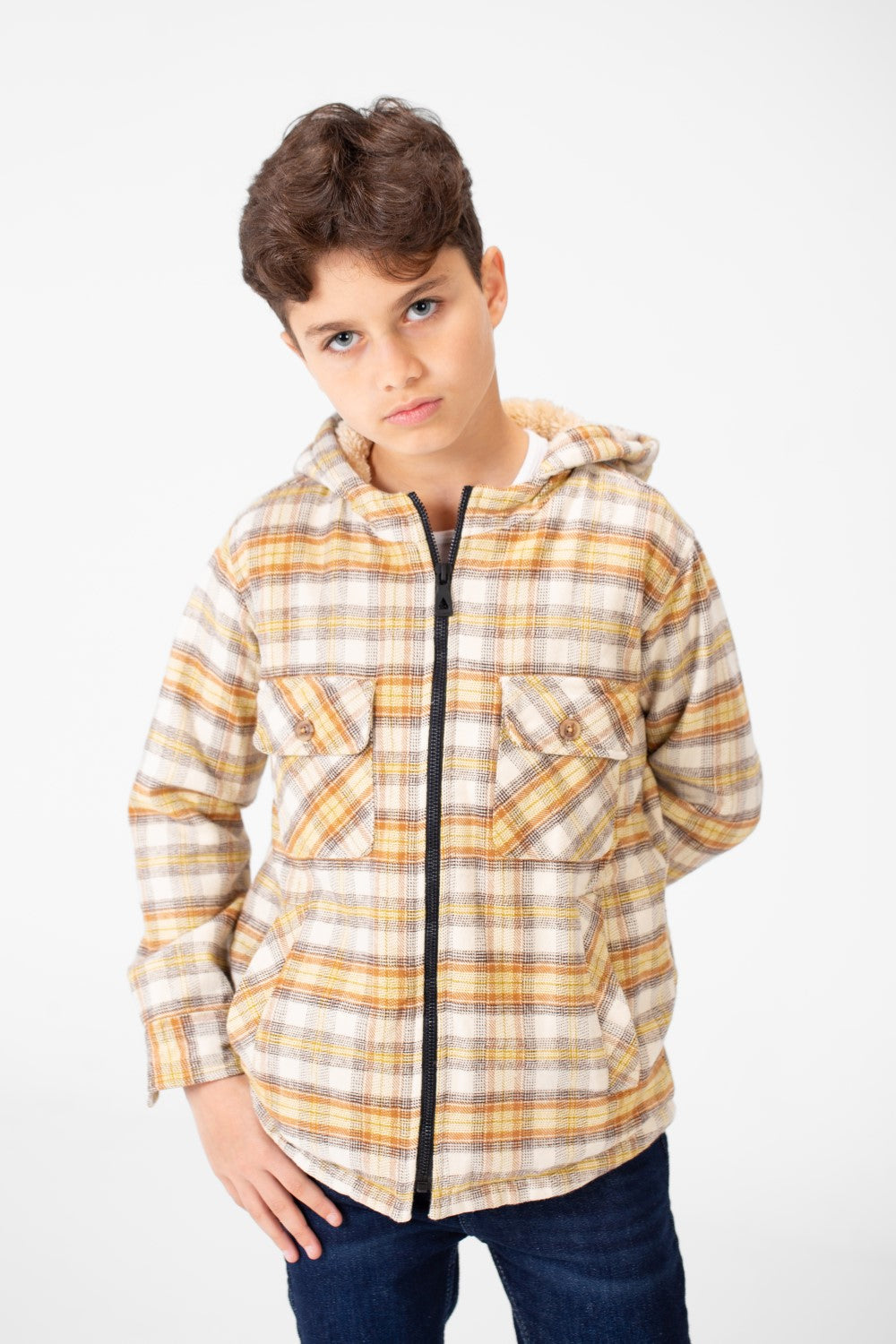 Boy's Fur Padded Hood Shirt With Full Zip