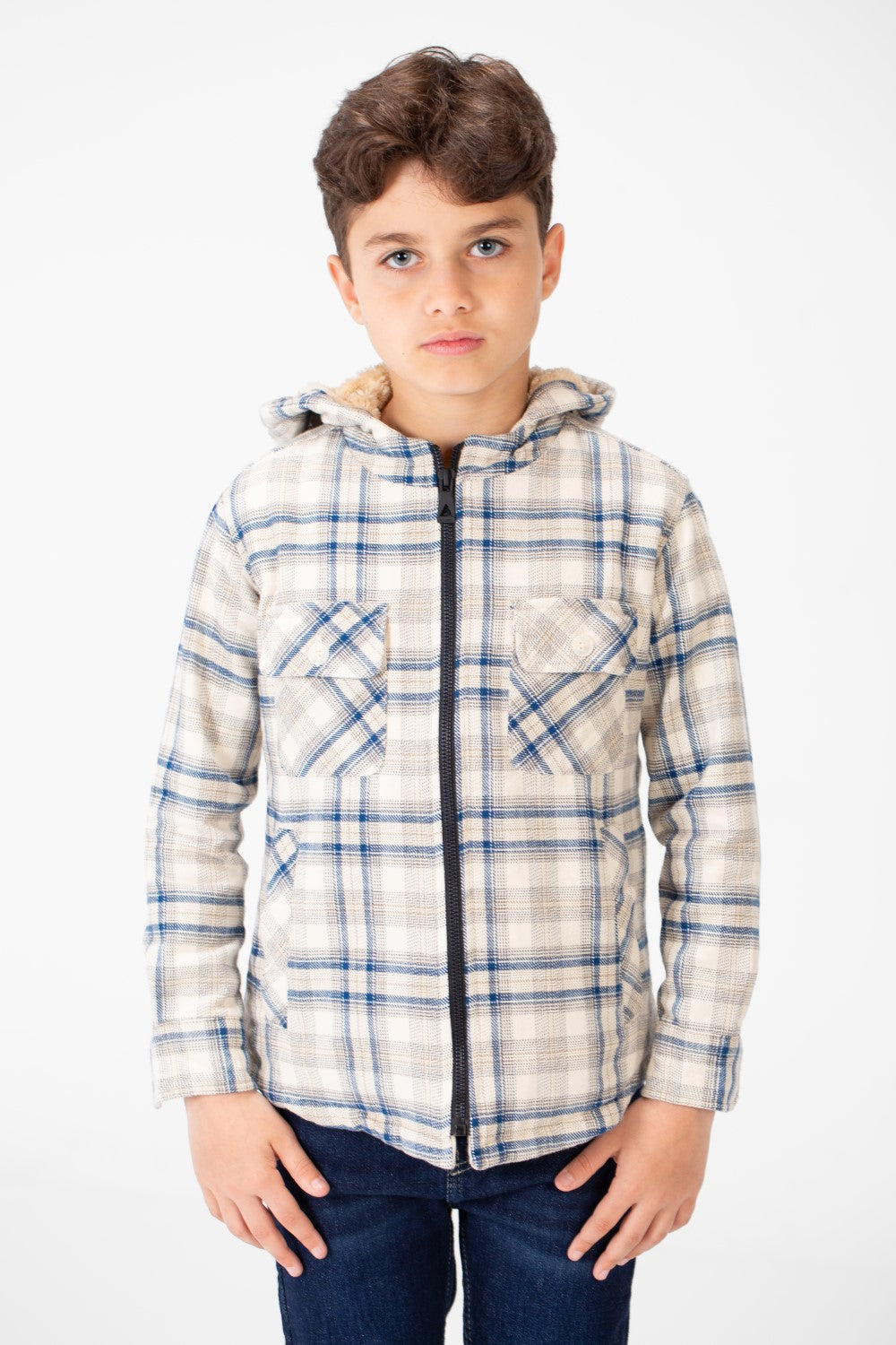 Boy's Fur Padded Hood Shirt With Full Zip
