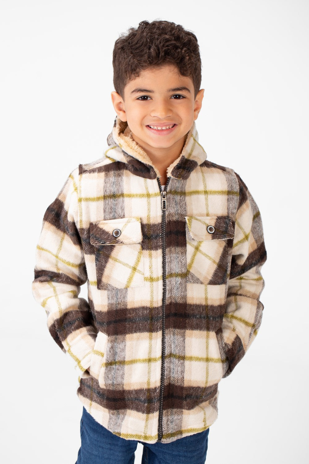 Boy's Checked Fur Padded Hood Shirt With Fully Zipped