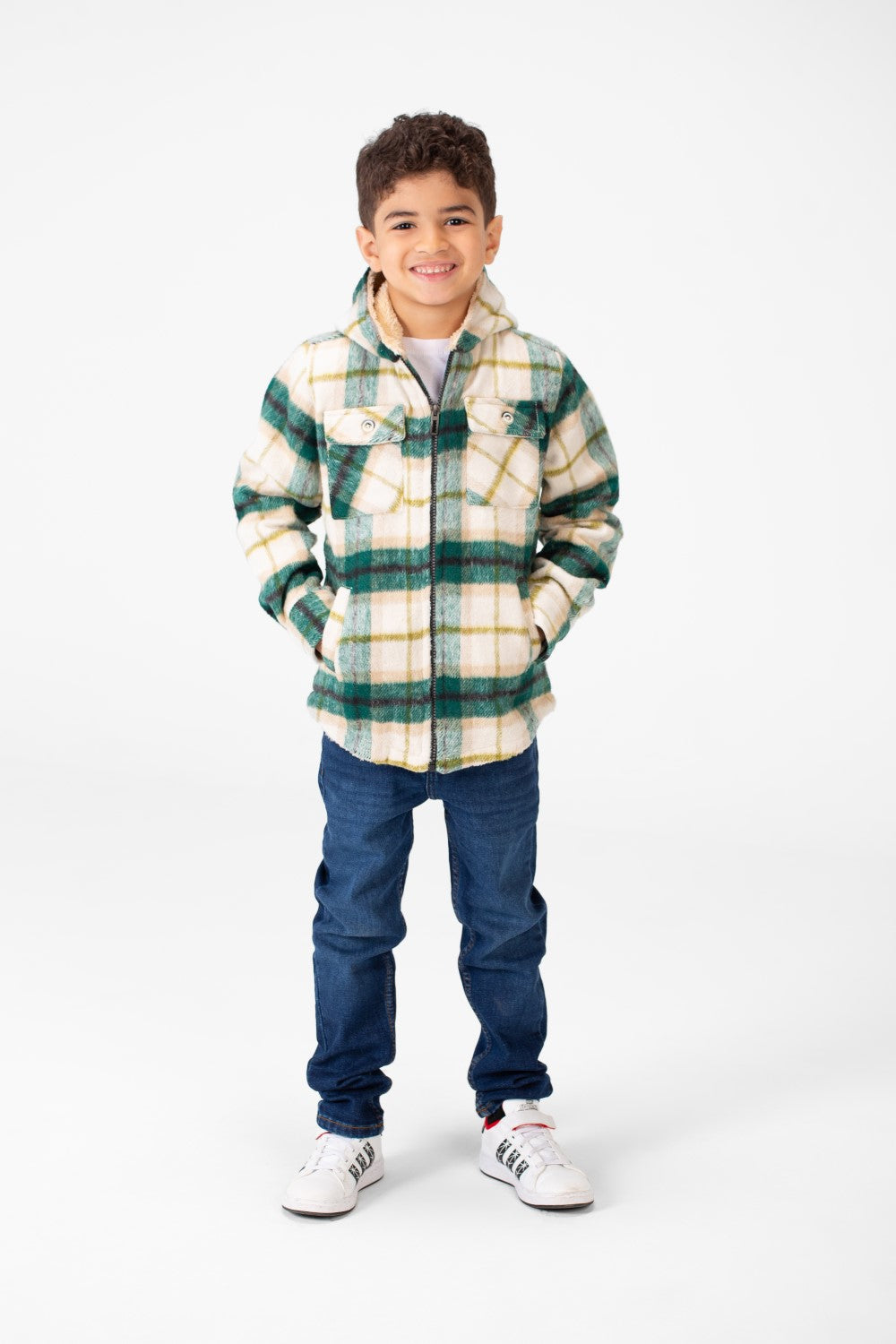 Boy's Checked Fur Padded Hood Shirt With Fully Zipped