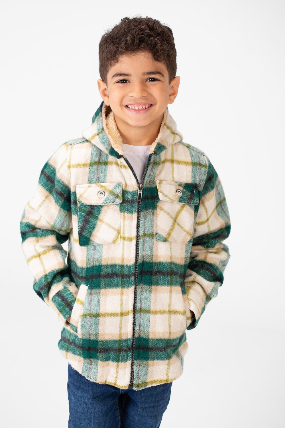 Boy's Checked Fur Padded Hood Shirt With Fully Zipped