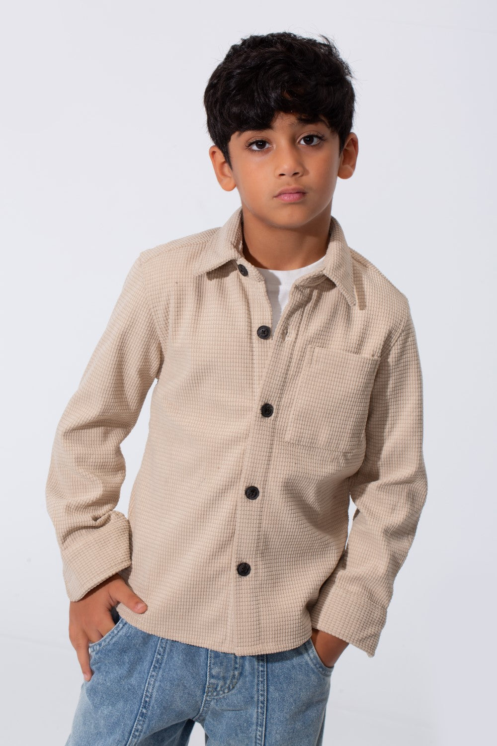 Boy's Slim Fit Velvet Shirt With Long Sleeves And A Front Pocket