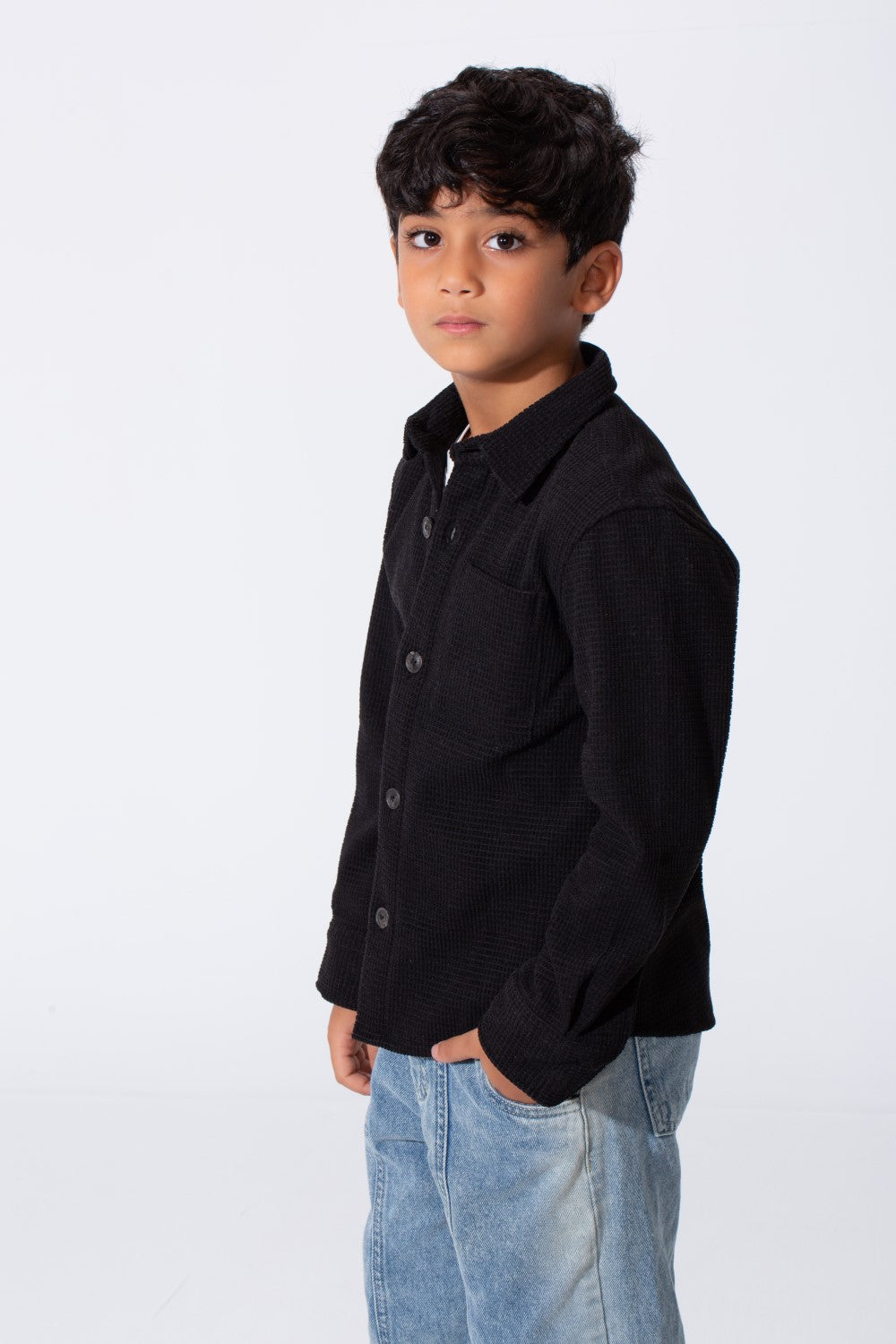 Boy's Slim Fit Velvet Shirt With Long Sleeves And A Front Pocket