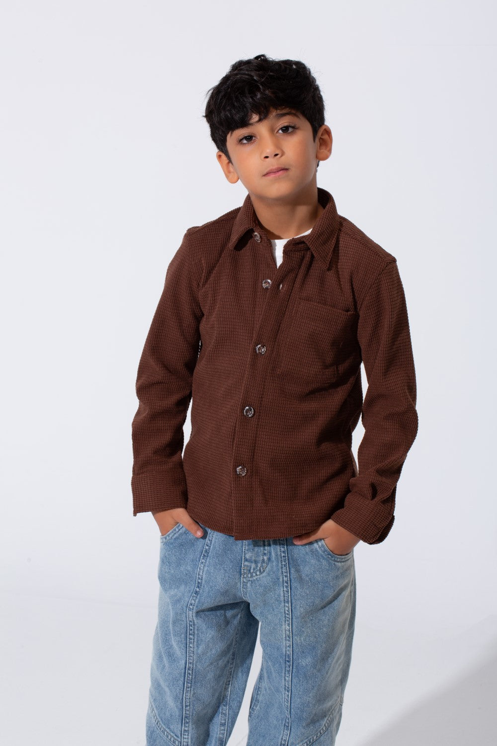 Boy's Slim Fit Velvet Shirt With Long Sleeves And A Front Pocket