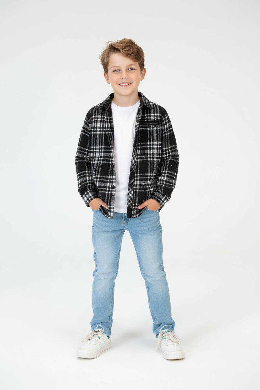Boy's Winter Wool Slim Fit Shirt With Front Pocket And Long Sleeves