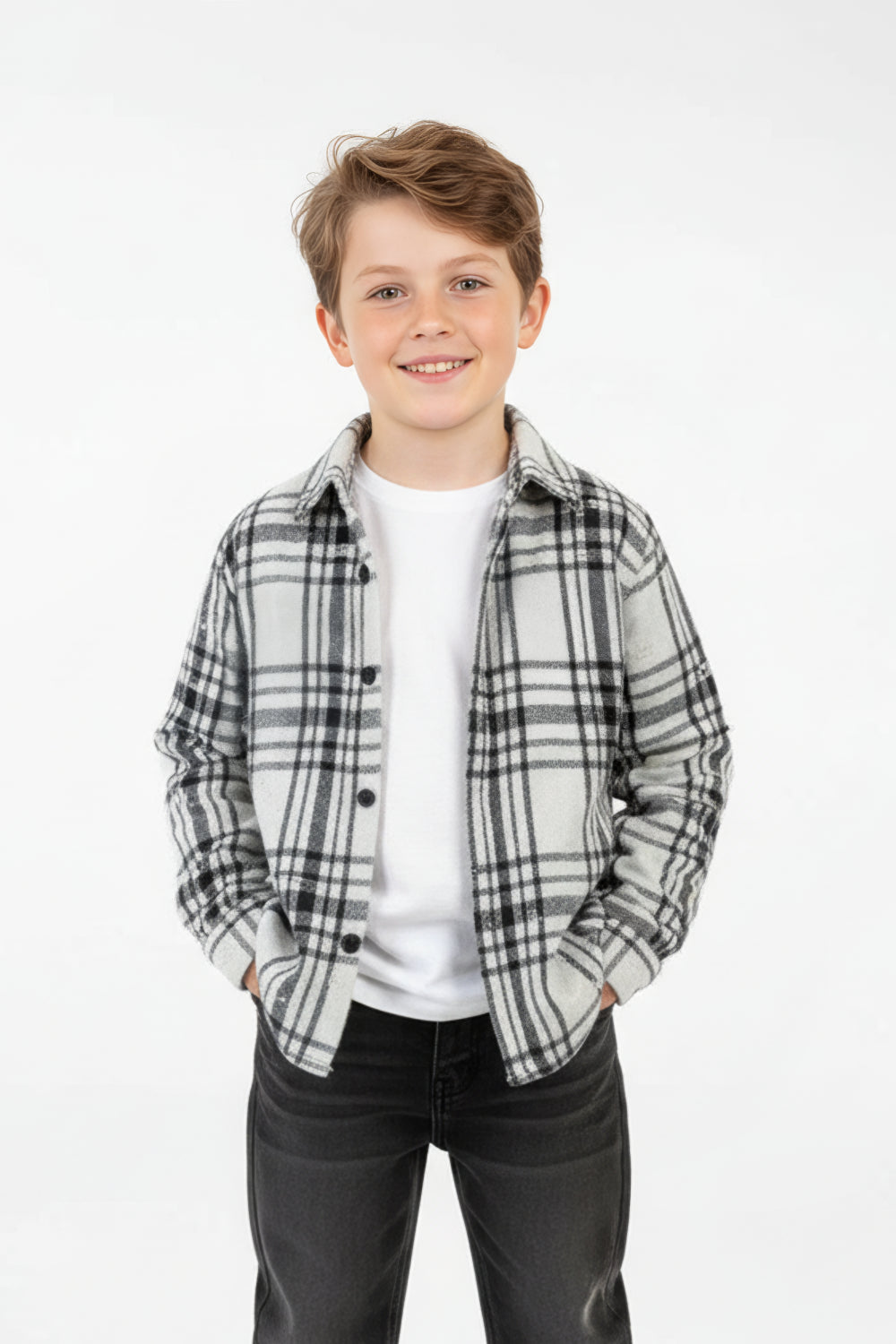 Boy's Winter Wool Slim Fit Shirt With Front Pocket And Long Sleeves