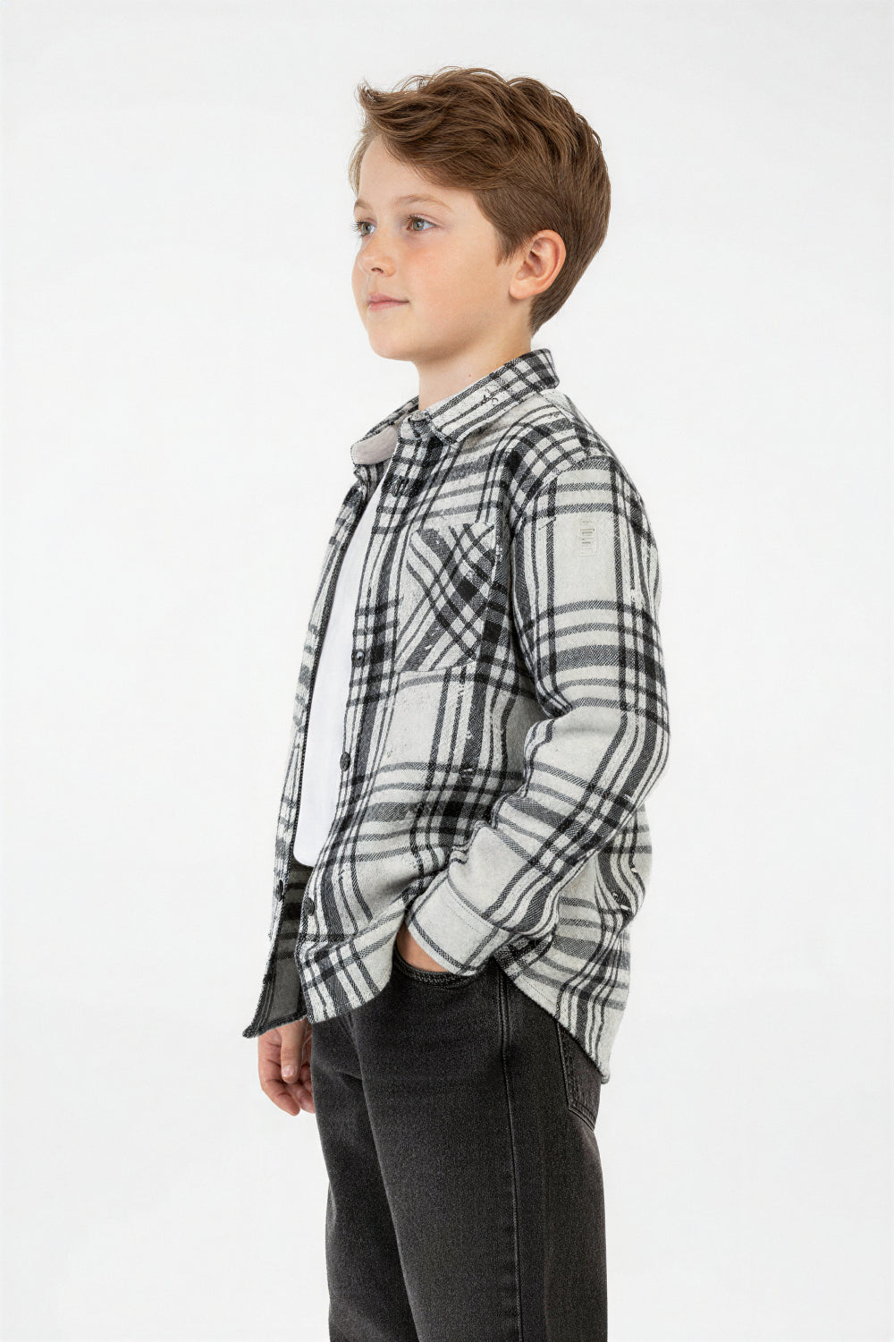 Boy's Winter Wool Slim Fit Shirt With Front Pocket And Long Sleeves