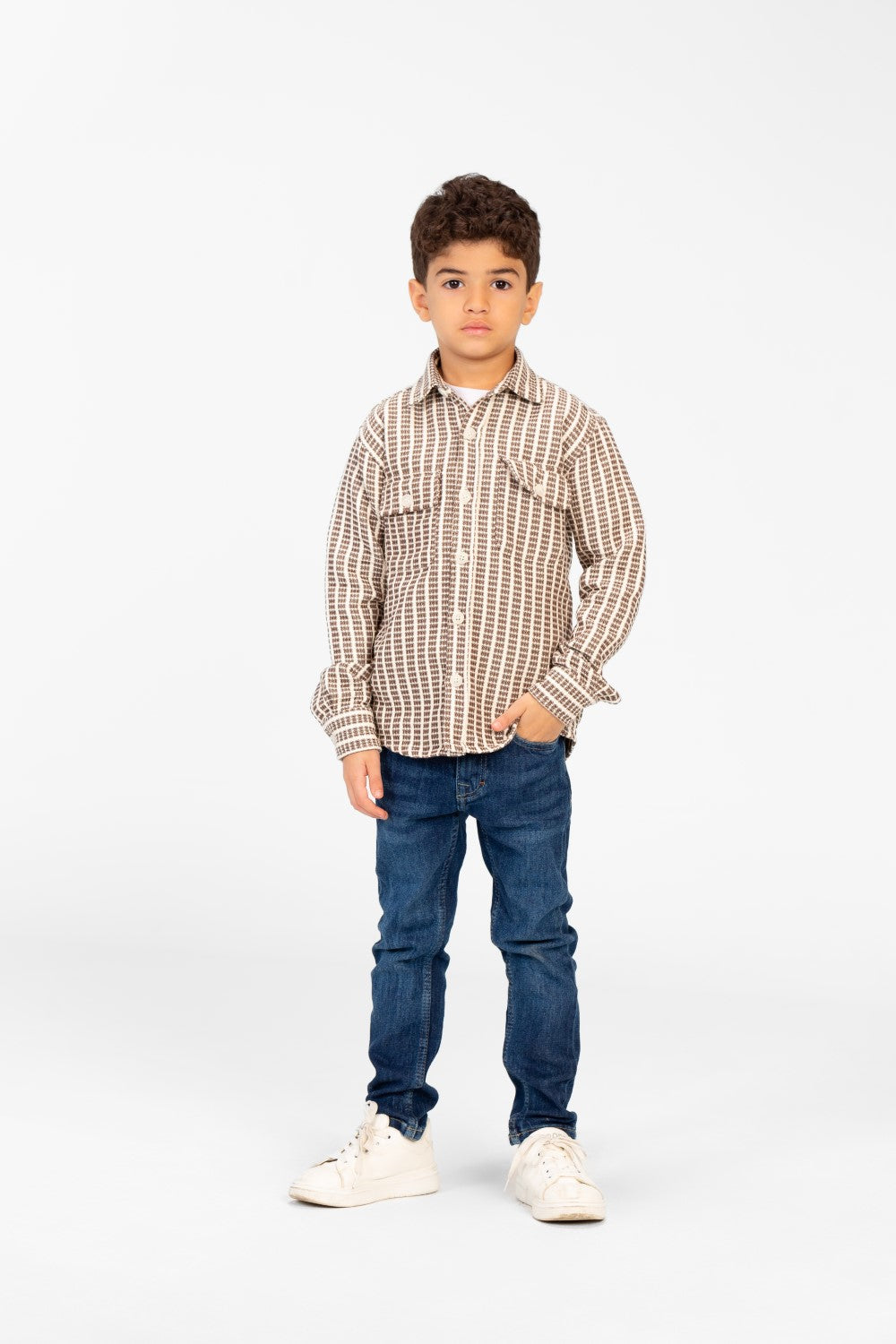 Boy's Winter Striped Shirt With Front Pockets And Long Sleeves