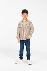 Boy's Winter Striped Shirt With Front Pockets And Long Sleeves