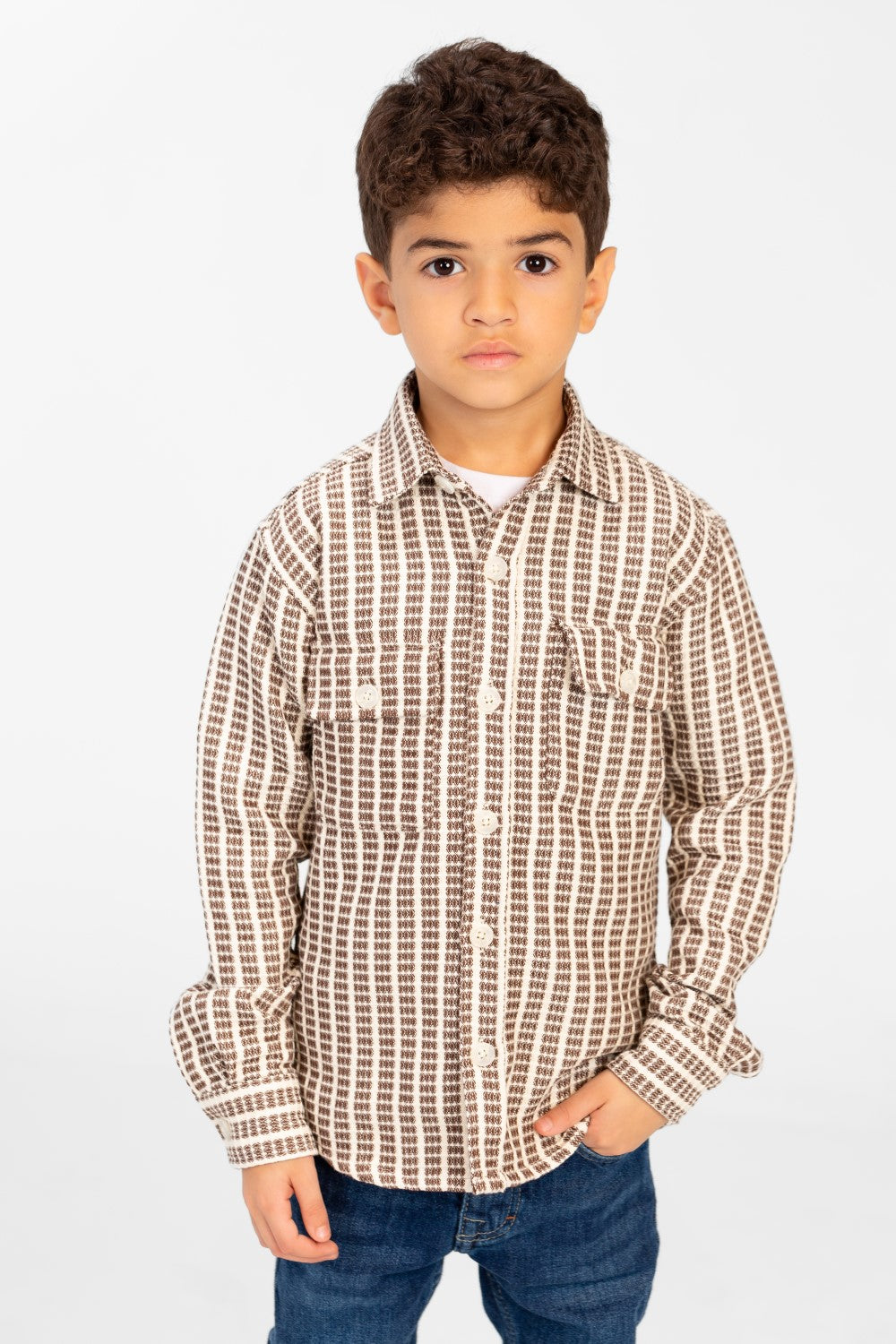 Boy's Winter Striped Shirt With Front Pockets And Long Sleeves