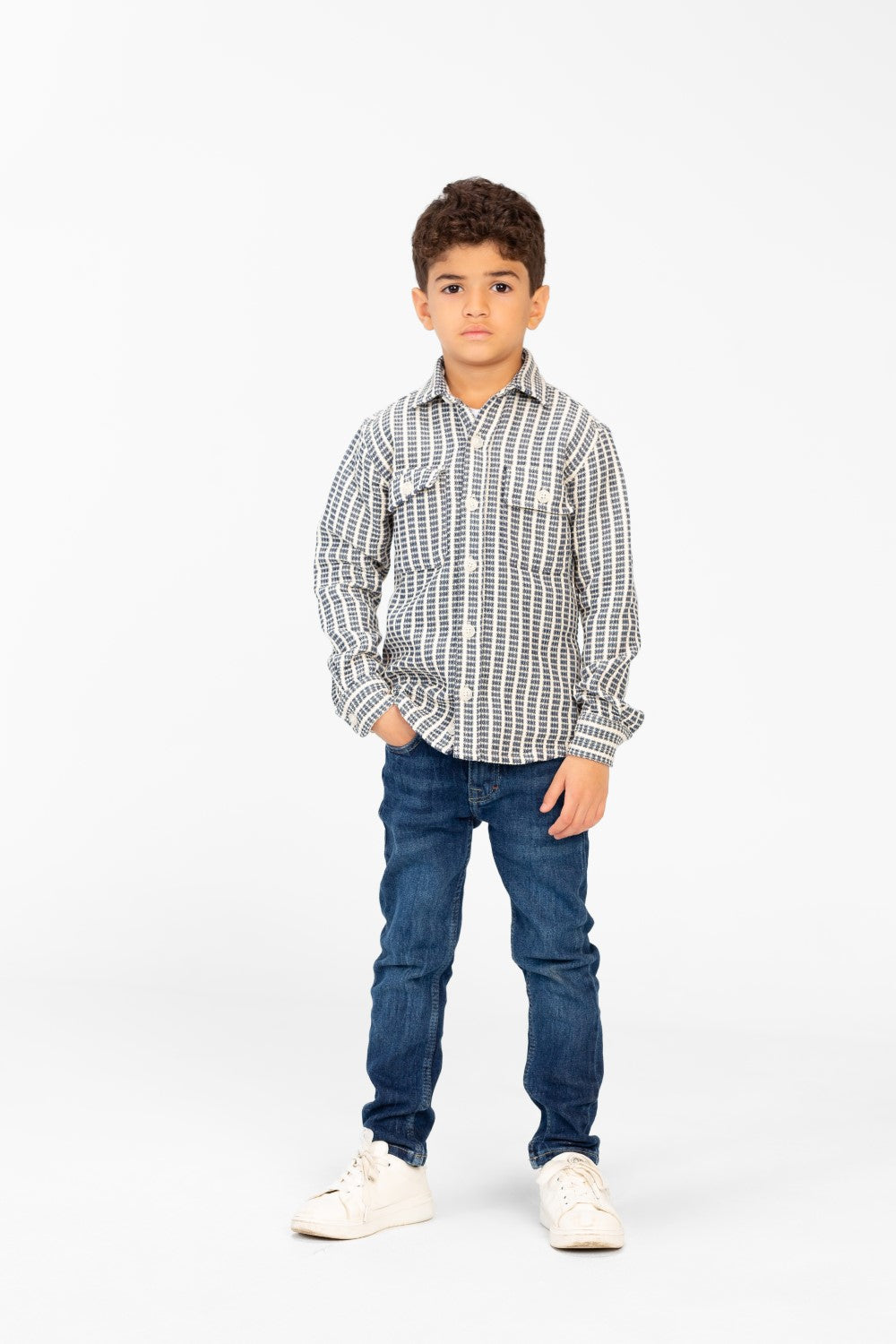 Boy's Winter Striped Shirt With Front Pockets And Long Sleeves