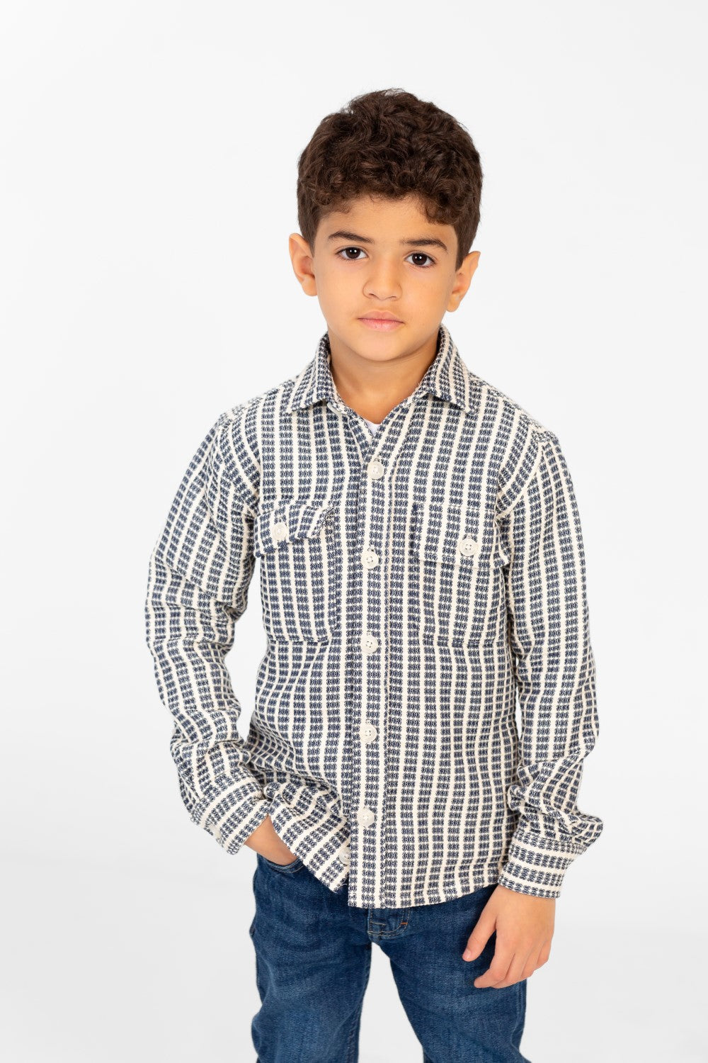 Boy's Winter Striped Shirt With Front Pockets And Long Sleeves