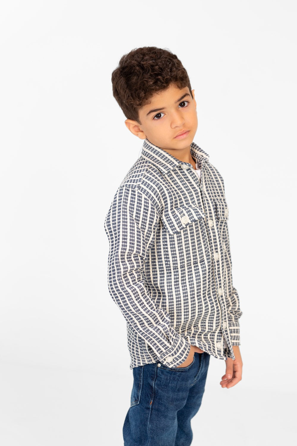 Boy's Winter Striped Shirt With Front Pockets And Long Sleeves