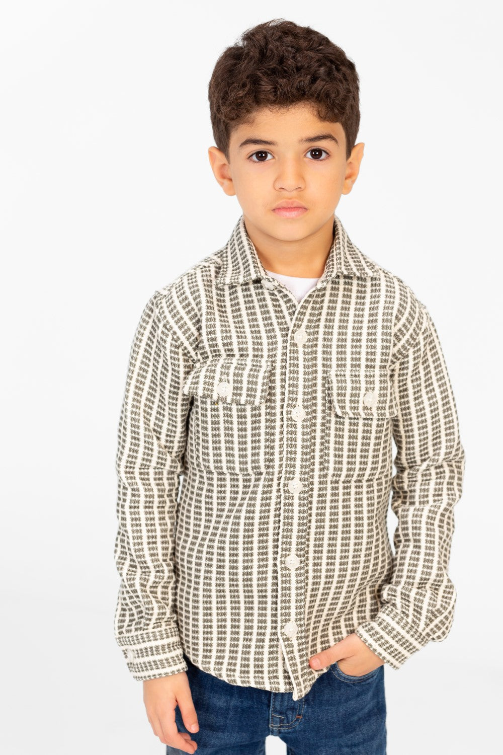 Boy's Winter Striped Shirt With Front Pockets And Long Sleeves