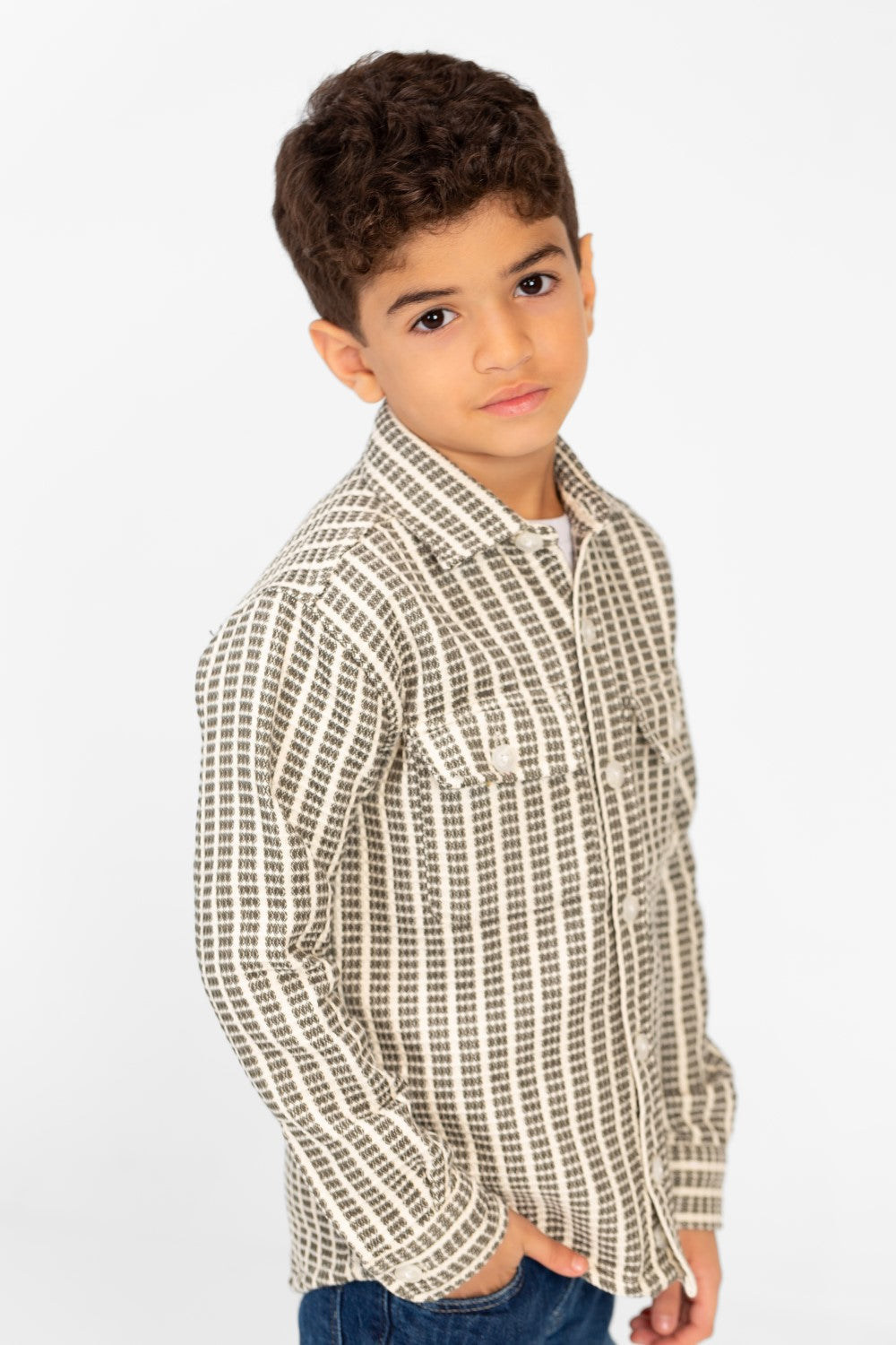 Boy's Winter Striped Shirt With Front Pockets And Long Sleeves