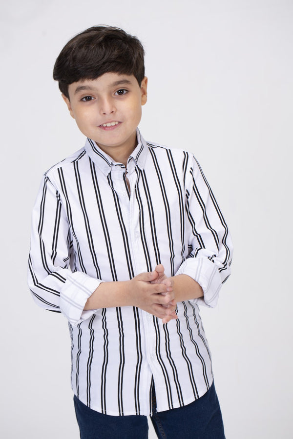 Boys Striped Shirt With Long Sleeves And Printed Poplin Material