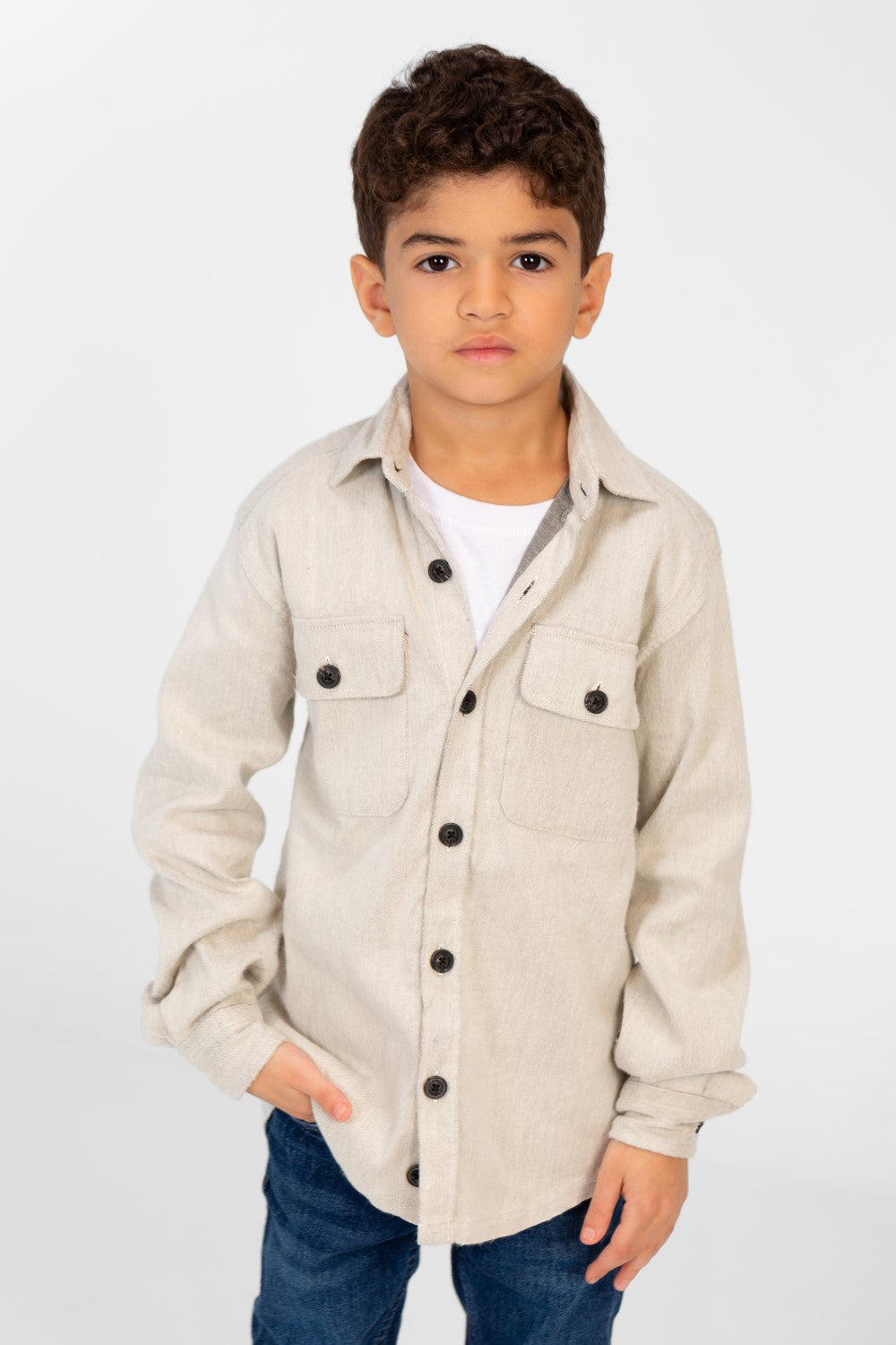 Boy's Plain Shirt With Long Sleeves And Front Pockets