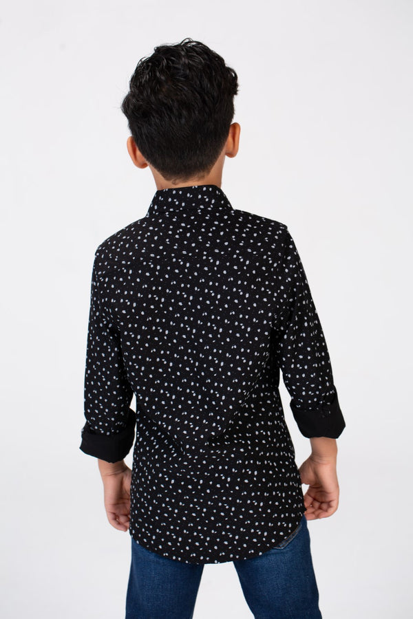Boys Dotted Shirt With Long Sleeves And Printed Poplin Material