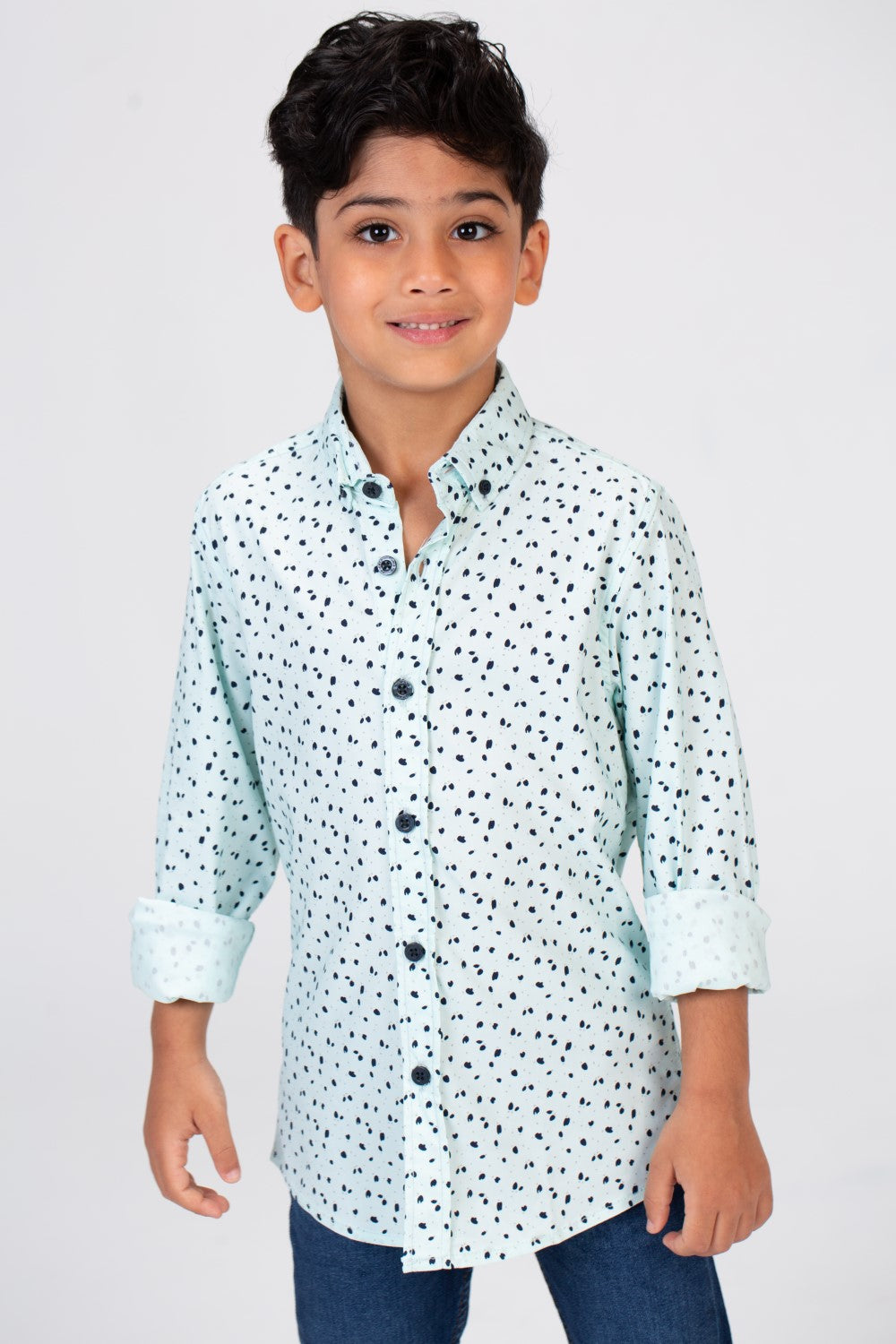 Boys Dotted Shirt With Long Sleeves And Printed Poplin Material