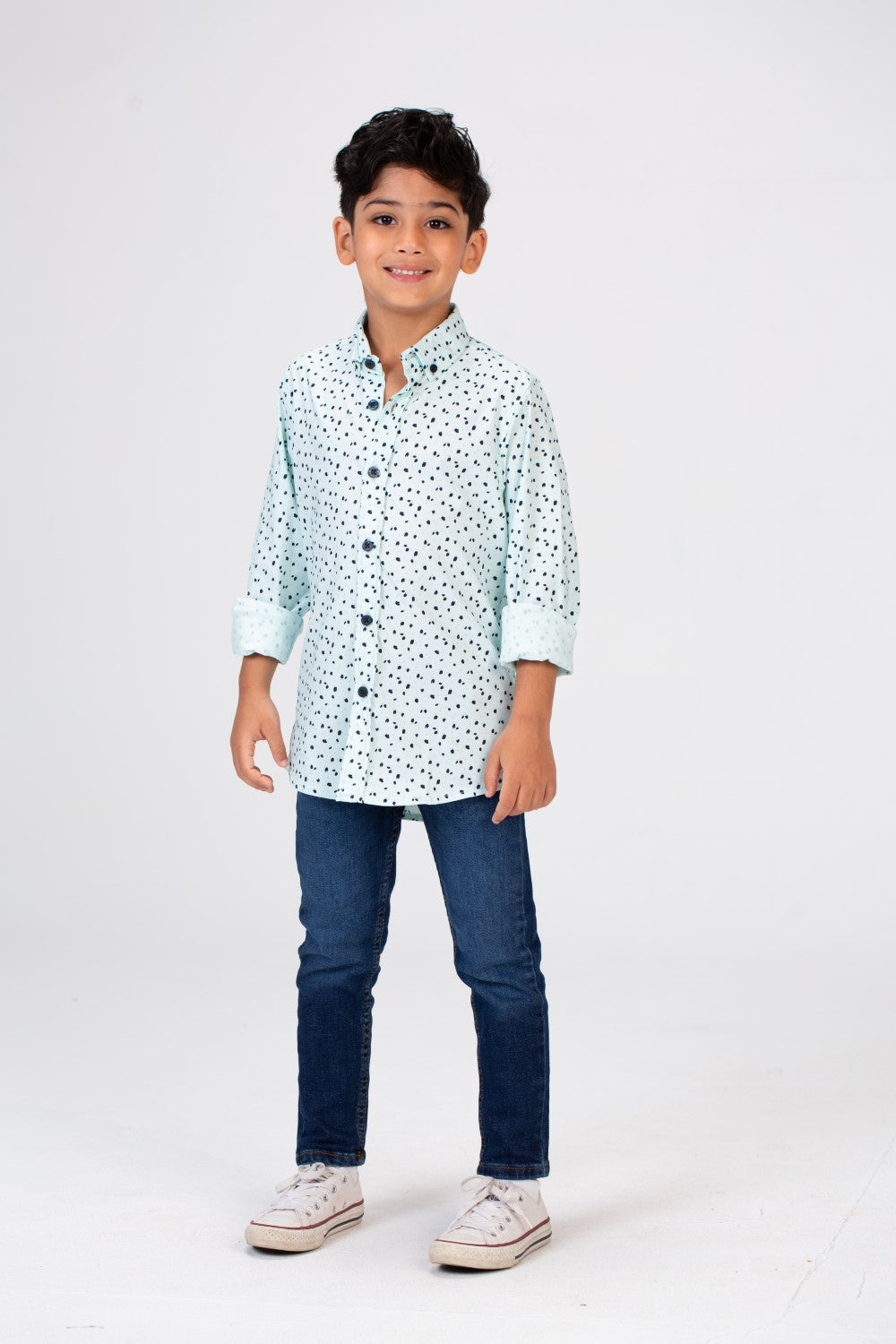 Boys Dotted Shirt With Long Sleeves And Printed Poplin Material