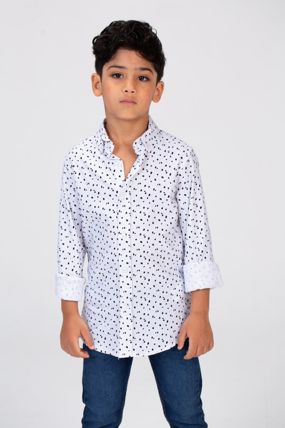 Boys Dotted Shirt With Long Sleeves And Printed Poplin Material