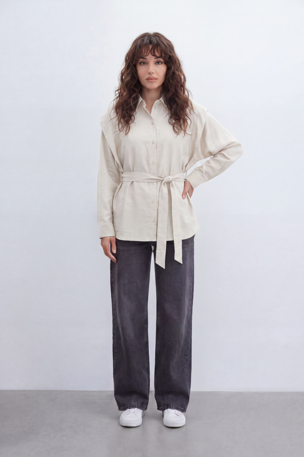 Women’s Tomato Store Belted Drape Blouse Soft Brushed Texture Gives The Plain Body Washed Depth Button Front Self Tie Waist