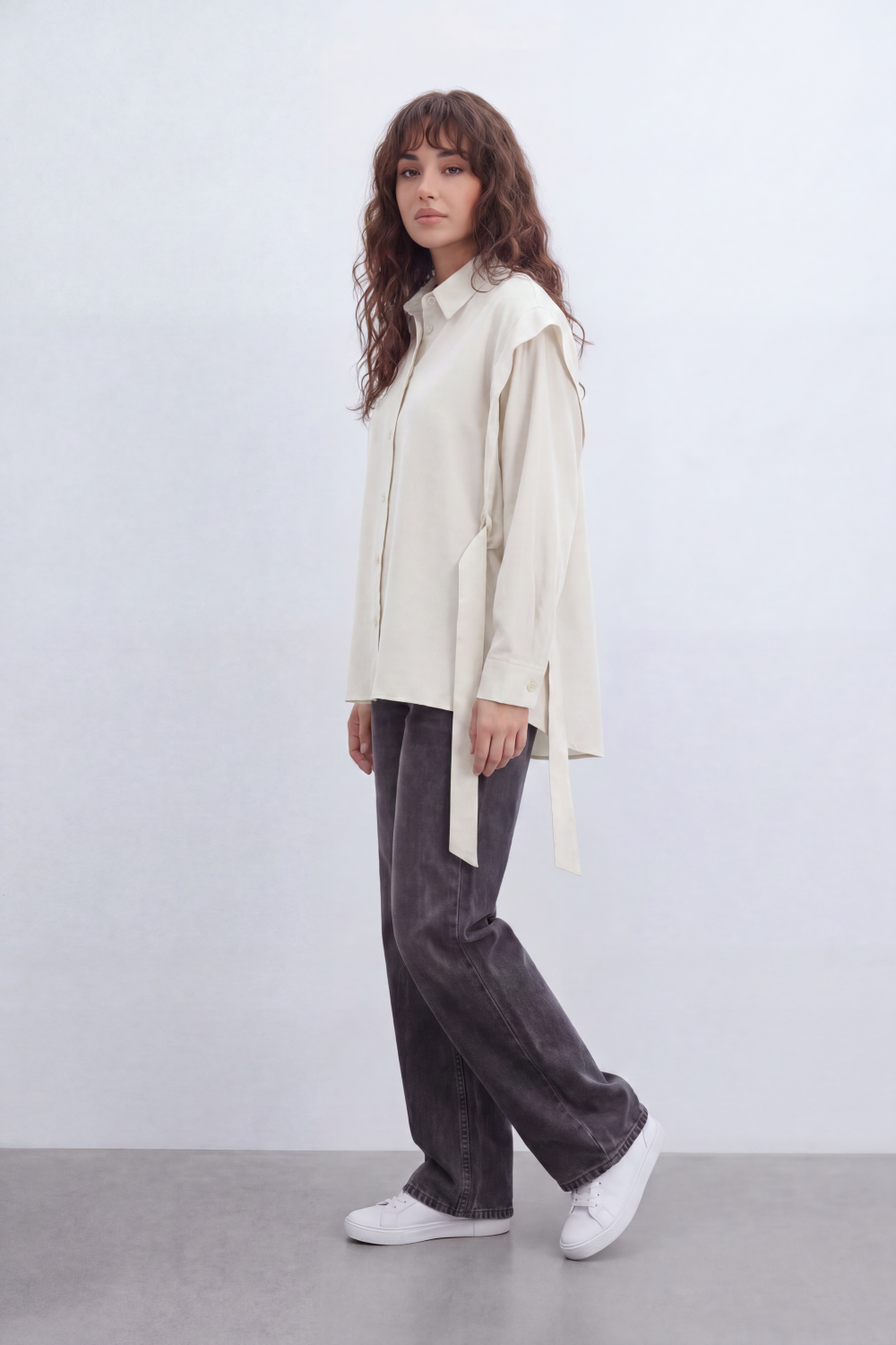 Women’s Tomato Store Belted Drape Blouse Soft Brushed Texture Gives The Plain Body Washed Depth Button Front Self Tie Waist