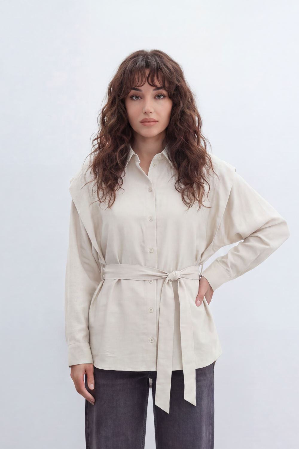 Women’s Tomato Store Belted Drape Blouse Soft Brushed Texture Gives The Plain Body Washed Depth Button Front Self Tie Waist