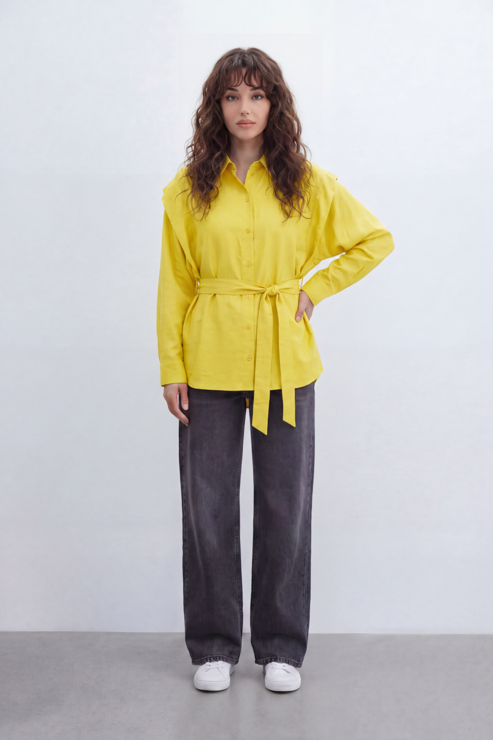 Women’s Tomato Store Belted Drape Blouse Soft Brushed Texture Gives The Plain Body Washed Depth Button Front Self Tie Waist