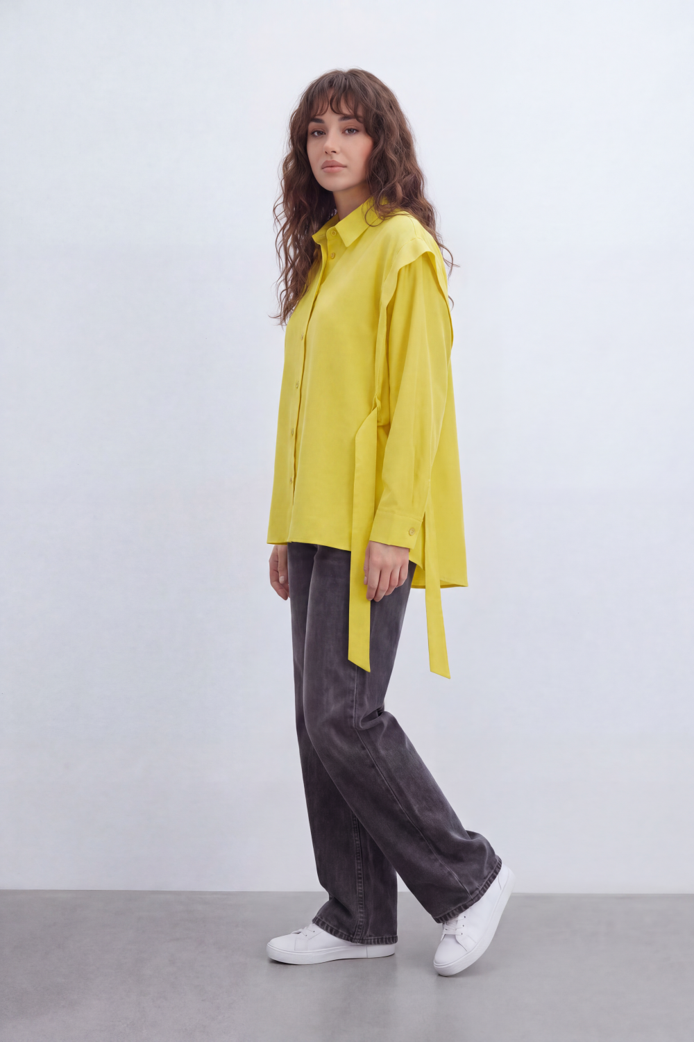 Women’s Tomato Store Belted Drape Blouse Soft Brushed Texture Gives The Plain Body Washed Depth Button Front Self Tie Waist