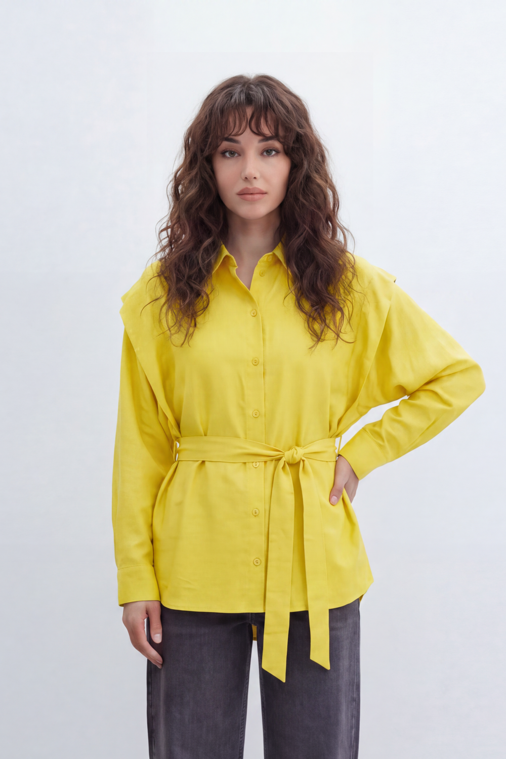 Women’s Tomato Store Belted Drape Blouse Soft Brushed Texture Gives The Plain Body Washed Depth Button Front Self Tie Waist