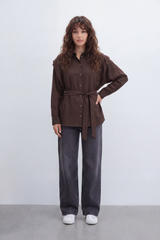 Women’s Tomato Store Drape Blouse Soft Brushed Texture Gives The Plain Body Washed Depth Button Front Self Tie Waist