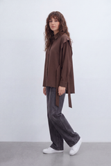Women’s Tomato Store Drape Blouse Soft Brushed Texture Gives The Plain Body Washed Depth Button Front Self Tie Waist