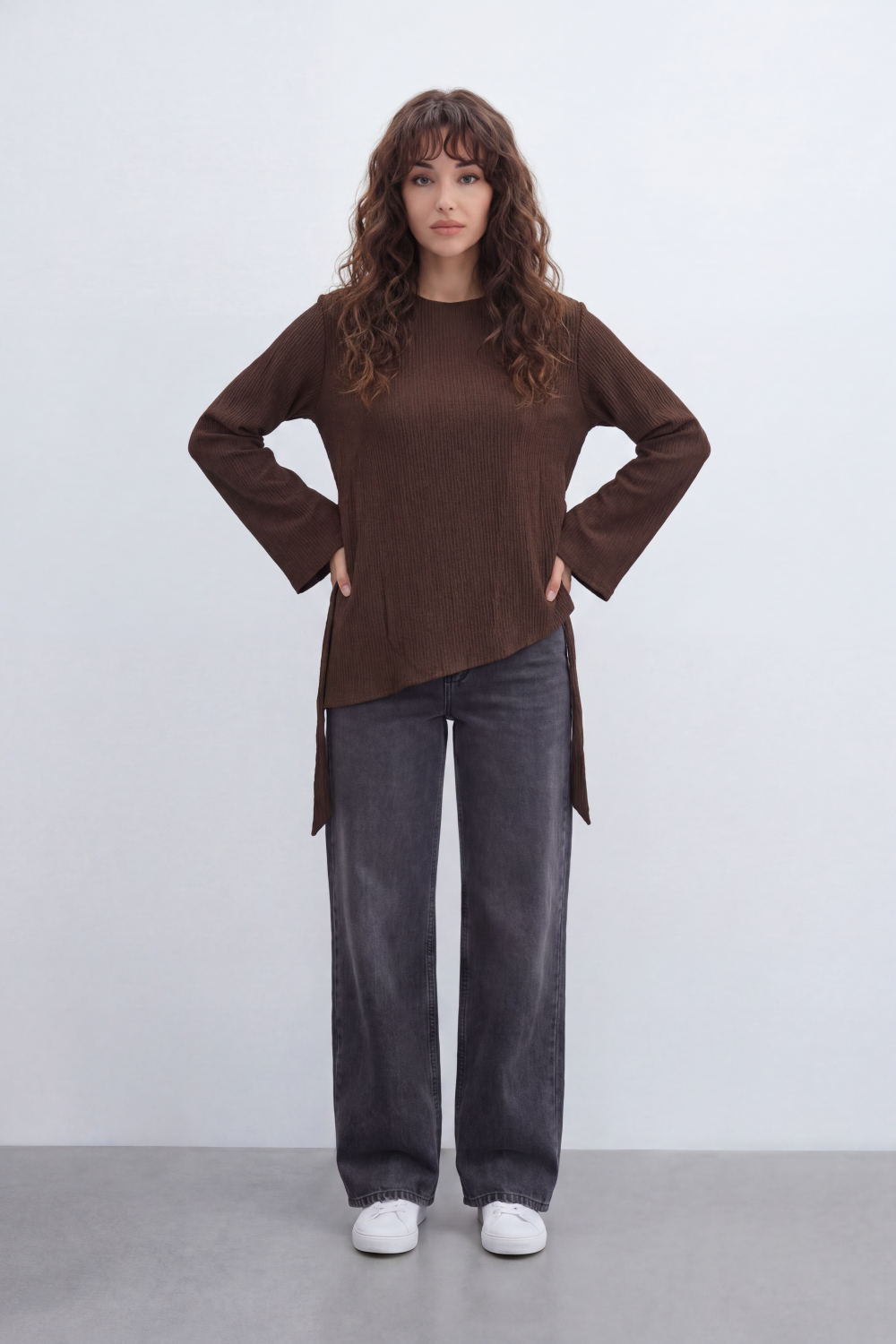 Women’s Tomato Store Wrap Rib Tie Blouse Vertical Ribbed Texture Shapes The Body With Asymmetric Front Hem Side Slit Detail Back Waist Tie