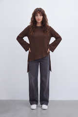 Women’s Tomato Store Wrap Rib Tie Blouse Vertical Ribbed Texture Shapes The Body With Asymmetric Front Hem Side Slit Detail Back Waist Tie
